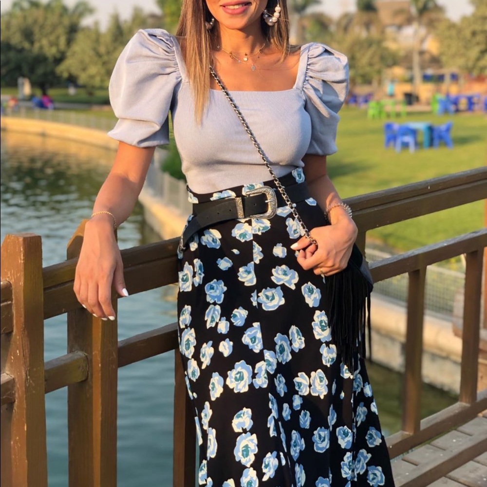 Zara Black Midi Skirt with Blue and White Floral Print
